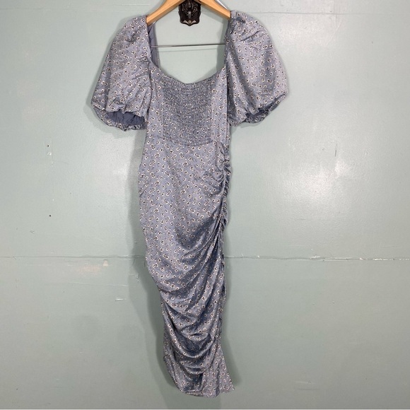 ASTR Emma Ruched Puff Sleeve Midi Dress Blue Floral Short Sleeve XS ACDR100930 - Picture 5 of 5